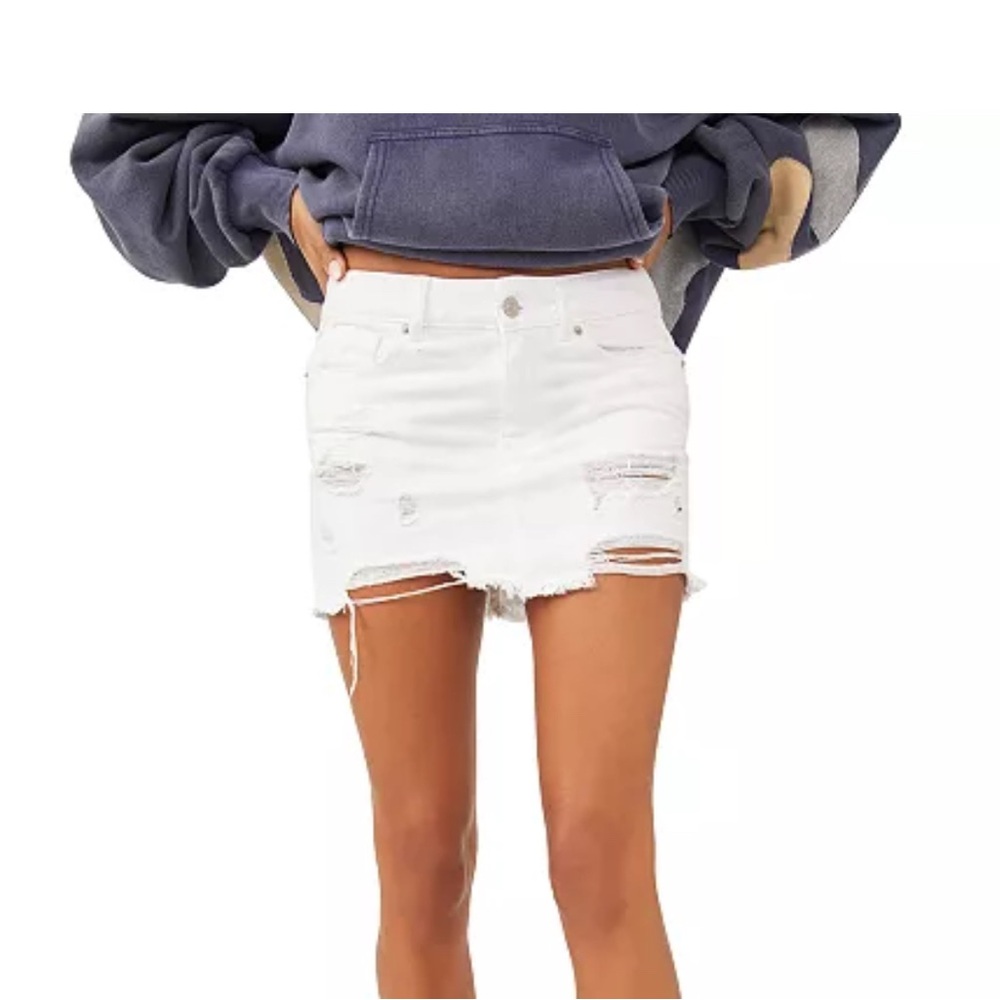 “We the Free” Free People White Distressed Denim Mini Skirt